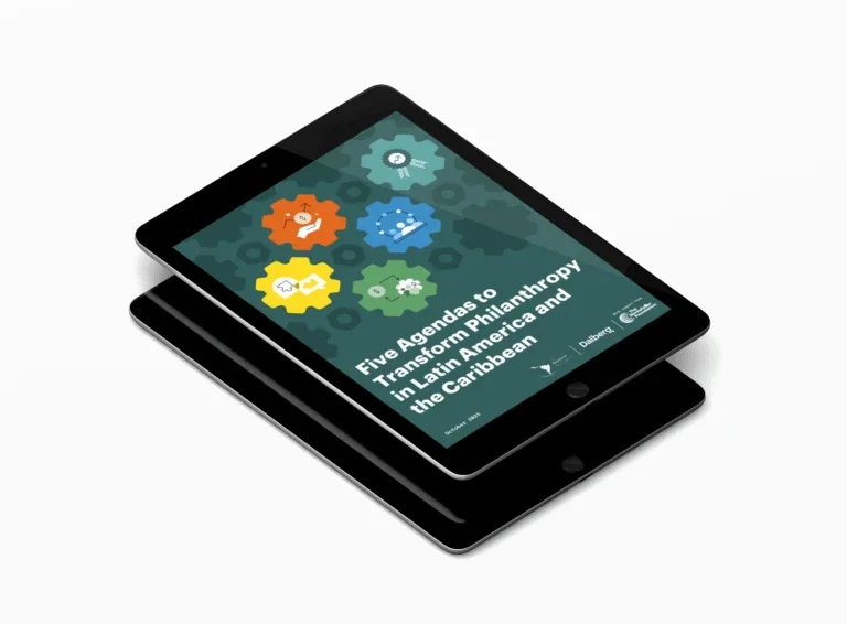 digital tablet displaying the cover of 'Five Agendas to Transform Philanthropy in Latin America and the Caribbean' report